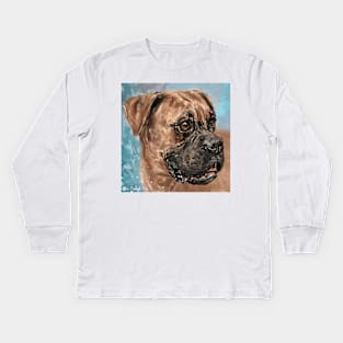 Painting of a Brown Coated Boxer Dog Looking to the Side on Light Blue Background Kids Long Sleeve T-Shirt